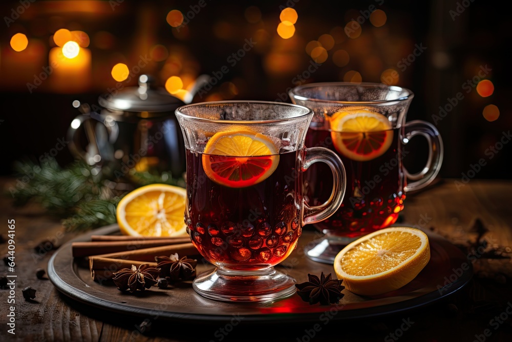 Mulled wine in glass cup. Traditional hot beverage for Christmas holiday and winter cold time. Close up.