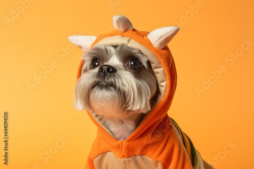 Close-up portrait photography of a tired shih tzu wearing a dinosaur costume against a pastel orange background. With generative AI technology photo