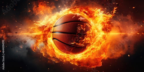 Hot basketball in fires flame. Generative AI © piai