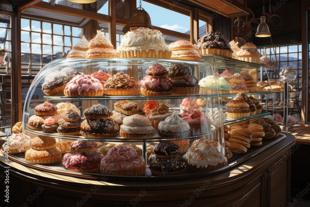 Elegant dessert table with French pastries. Lots of gourmet French pastries displayed in a pastry shop window. 