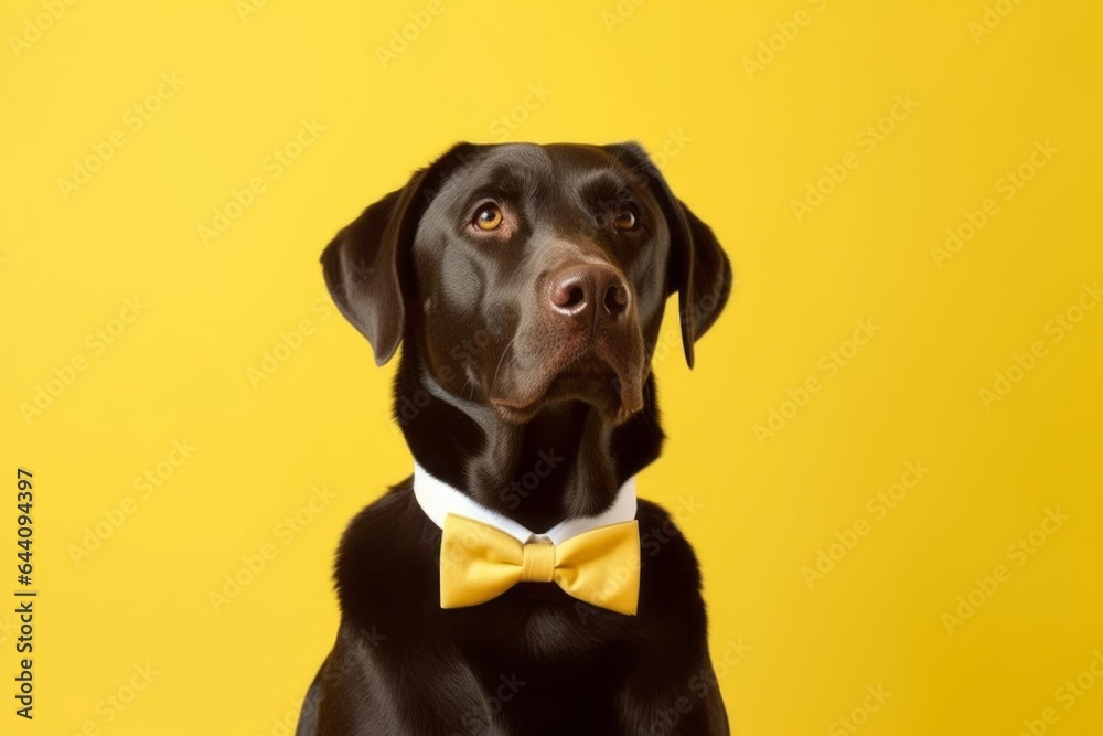 Photography in the style of pensive portraiture of a funny labrador retriever wearing a tuxedo against a yellow background. With generative AI technology