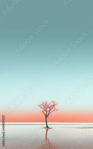 Modern minimalistic lanscape with a lonely single tree. Photography art created with Generative Ai technology.