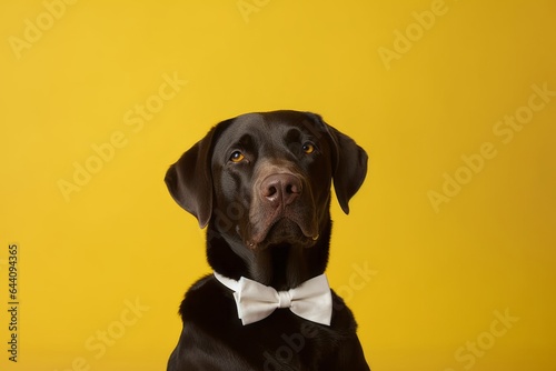 Photography in the style of pensive portraiture of a funny labrador retriever wearing a tuxedo against a yellow background. With generative AI technology © Markus Schröder