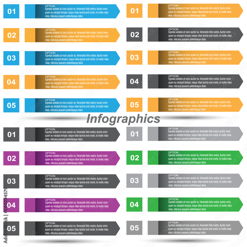 Collection infographics with steps and options, banner for business design and website template. Collection infographics with steps and options, banner for business design and website template.