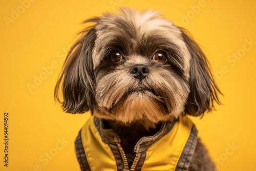 Photography in the style of pensive portraiture of a happy shih tzu wearing a denim vest against a yellow background. With generative AI technology