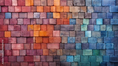 abstract aged multicolored painted baked earthen clay brick blocks  colorful architectural structure design  exterior wall background  wallpaper  backdrop  building decoration  painting  creativity