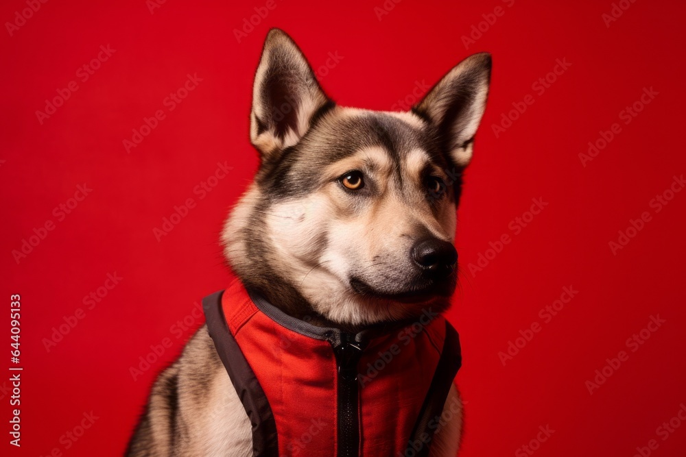 Fototapeta premium Photography in the style of pensive portraiture of a curious norwegian elkhound wearing a cooling vest against a burgundy red background. With generative AI technology