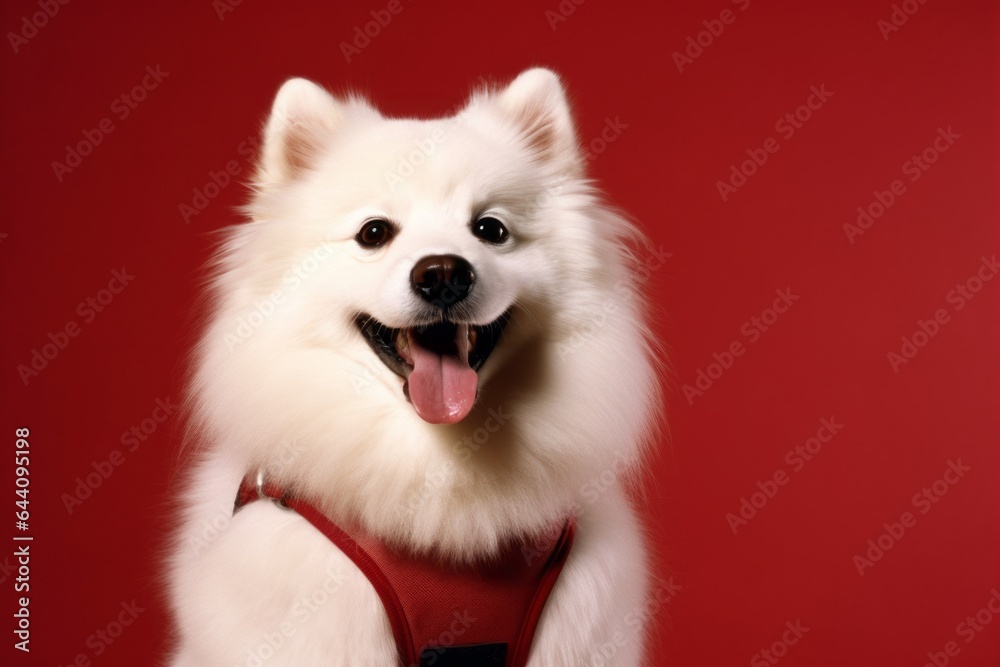 Close-up portrait photography of a smiling american eskimo dog wearing a swimming vest against a burgundy red background. With generative AI technology Close-up portrait photography of a smiling american eskimo dog wearing a swimming vest against a burgundy red background. With generative AI technology
