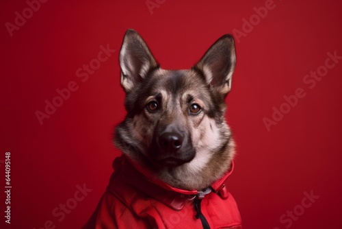 Photography in the style of pensive portraiture of a curious norwegian elkhound wearing a cooling vest against a burgundy red background. With generative AI technology