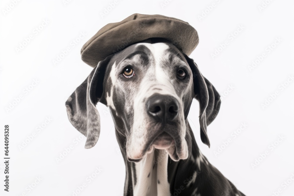 Headshot portrait photography of a cute great dane wearing a beret against a pearl white background. With generative AI technology - obrazy, fototapety, plakaty 