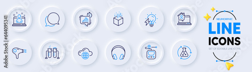 Statistics timer, Electricity bulb and Augmented reality line icons for web app. Pack of Metro, Chemistry beaker, Headphones pictogram icons. Hair dryer, Work home, Best manager signs. Vector