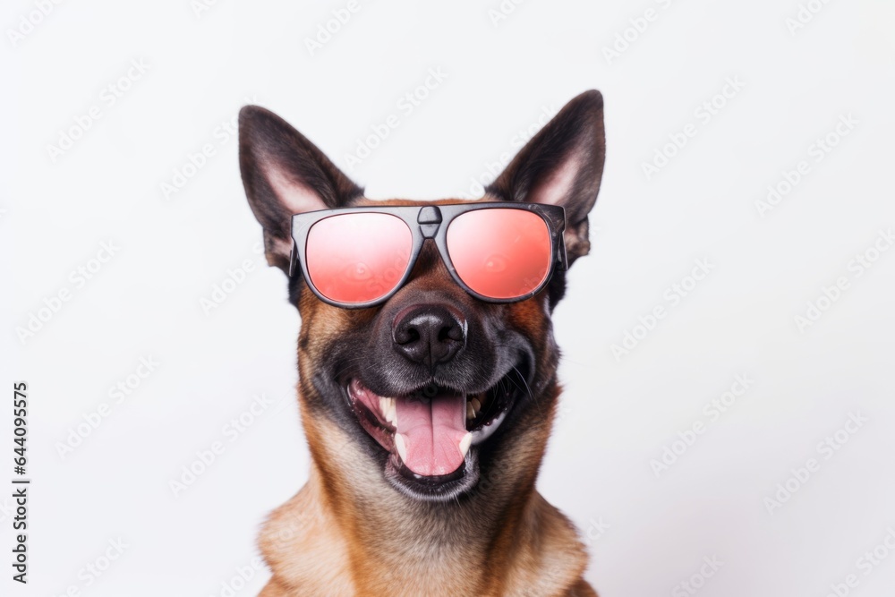 Medium shot portrait photography of a smiling belgian malinois dog wearing a trendy sunglasses against a pearl white background. With generative AI technology Medium shot portrait photography of a smiling belgian malinois dog wearing a trendy sunglasses against a pearl white background. With generative AI technology