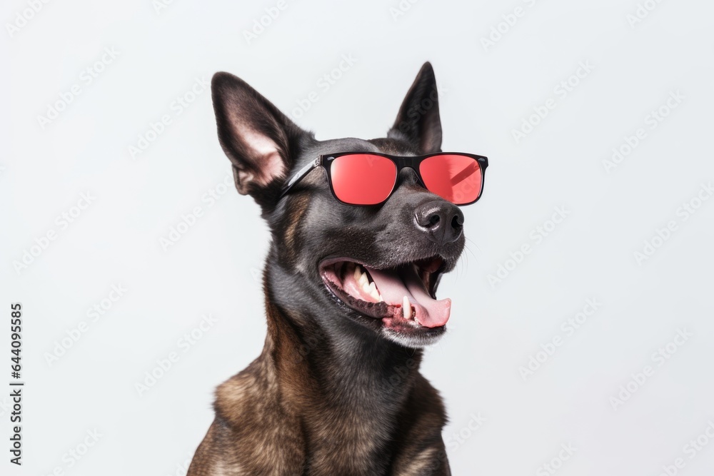Medium shot portrait photography of a smiling belgian malinois dog wearing a trendy sunglasses against a pearl white background. With generative AI technology