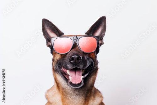 Medium shot portrait photography of a smiling belgian malinois dog wearing a trendy sunglasses against a pearl white background. With generative AI technology © Markus Schröder