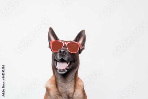 Medium shot portrait photography of a smiling belgian malinois dog wearing a trendy sunglasses against a pearl white background. With generative AI technology © Markus Schröder