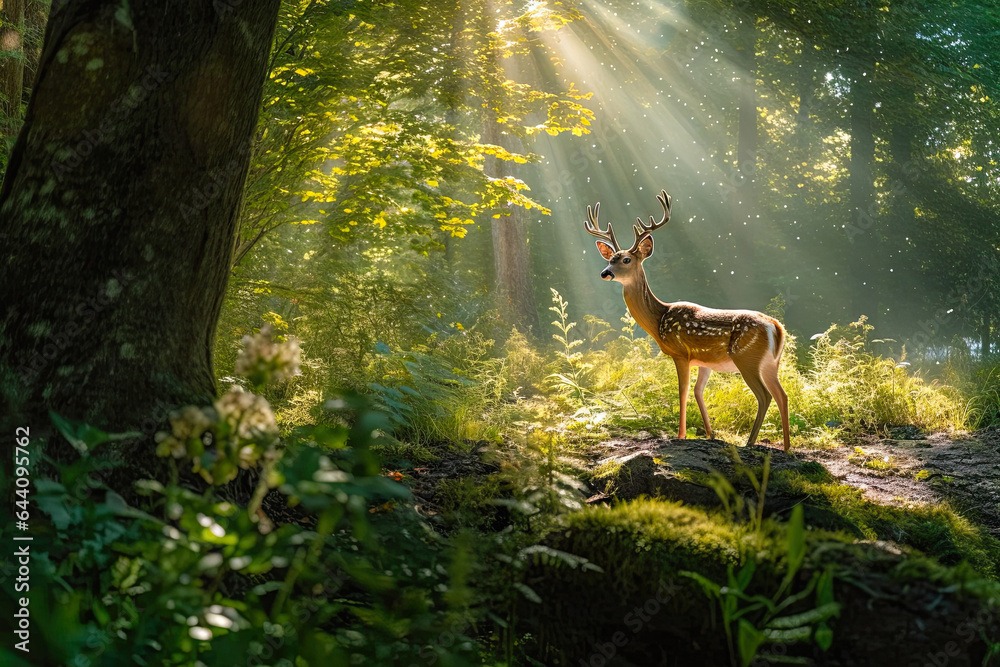 Fototapeta premium A Majestic Deer in the Forest Sunlight,deer in the woods,deer in the forest