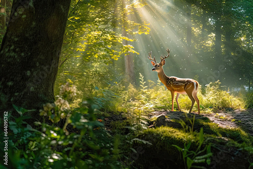 A Majestic Deer in the Forest Sunlight,deer in the woods,deer in the forest