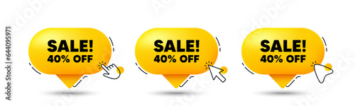 Sale 40 percent off discount. Click here buttons. Promotion price offer sign. Retail badge symbol. Sale speech bubble chat message. Talk box infographics. Vector