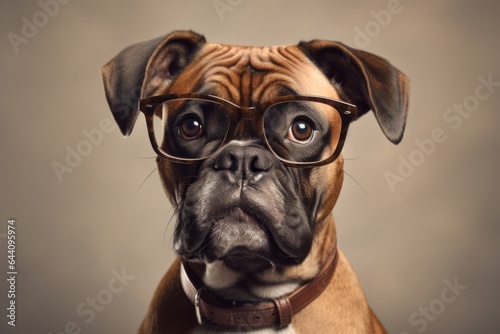 Headshot portrait photography of a happy boxer dog wearing a hipster glasses against a beige background. With generative AI technology © Markus Schröder