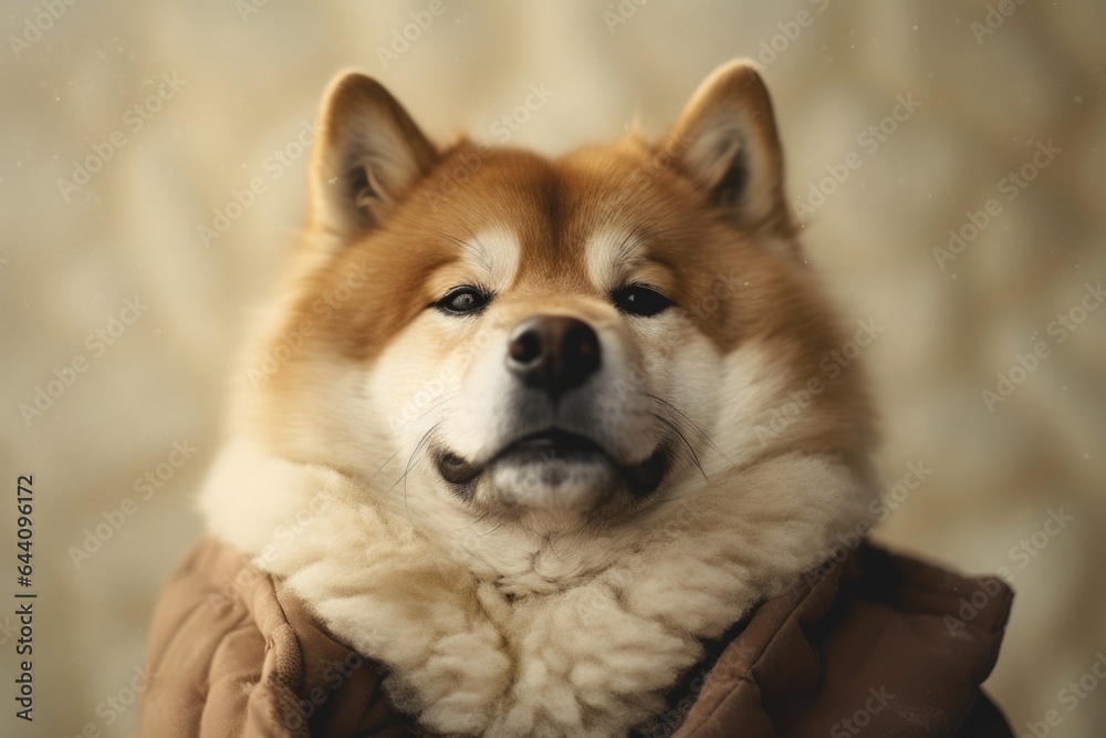 Close-up portrait photography of a happy akita wearing a sherpa coat against a beige background. With generative AI technology Close-up portrait photography of a happy akita wearing a sherpa coat against a beige background. With generative AI technology