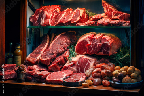 Different fresh meat on shelves at butcher shop