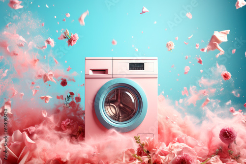 Washing machine surrounded by explosion of washing powder and pink flowers