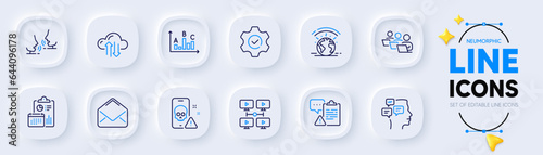 Clipboard, Video conference and Execute line icons for web app. Pack of Teamwork, Greenhouse, Survey results pictogram icons. Messages, Cyber attack, Cloud sync signs. Talk, Report, Mail. Vector