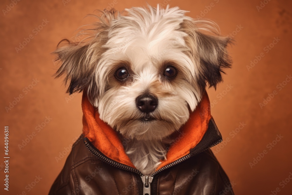 Headshot portrait photography of a funny lowchen dog wearing a sherpa coat against a beige background. With generative AI technology