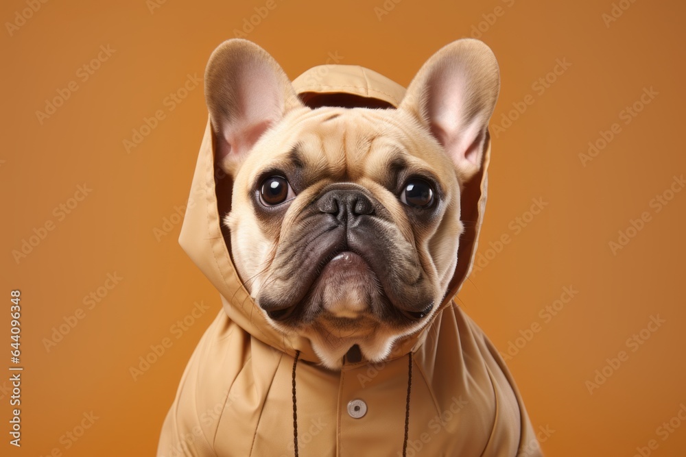 Medium shot portrait photography of a cute french bulldog wearing a raincoat against a warm taupe background. With generative AI technology
