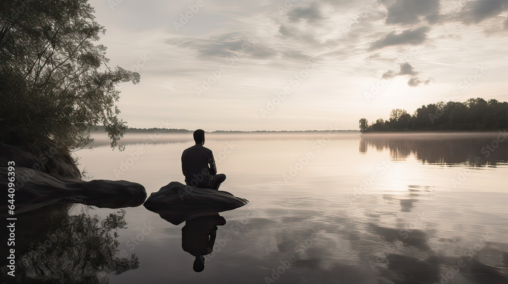 Silent Reflection, a solitary figure gazing at a serene lake or ocean, evoking a sense of introspection and personal growth. AI generative