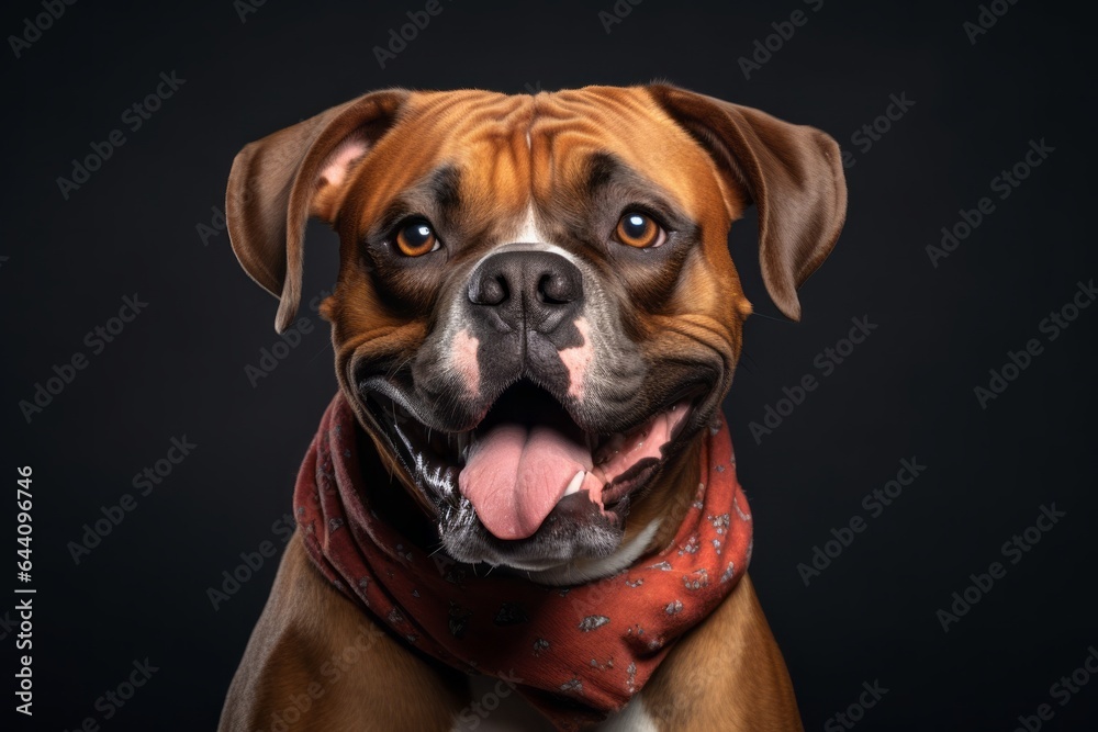 Medium shot portrait photography of a smiling boxer dog wearing a cooling bandana against a cool gray background. With generative AI technology