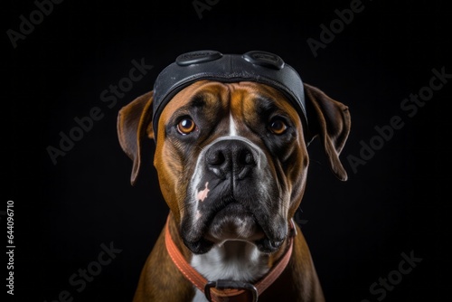 Headshot portrait photography of a smiling boxer dog wearing a visor against a cool gray background. With generative AI technology
