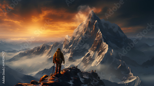 A person climbing the steepest mountain in the world, sunset, snow, mountain range, AI GENERATED © Asurian