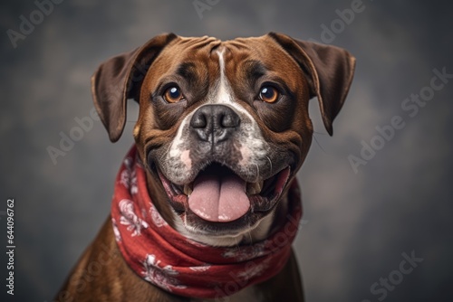 Medium shot portrait photography of a smiling boxer dog wearing a cooling bandana against a cool gray background. With generative AI technology © Markus Schröder