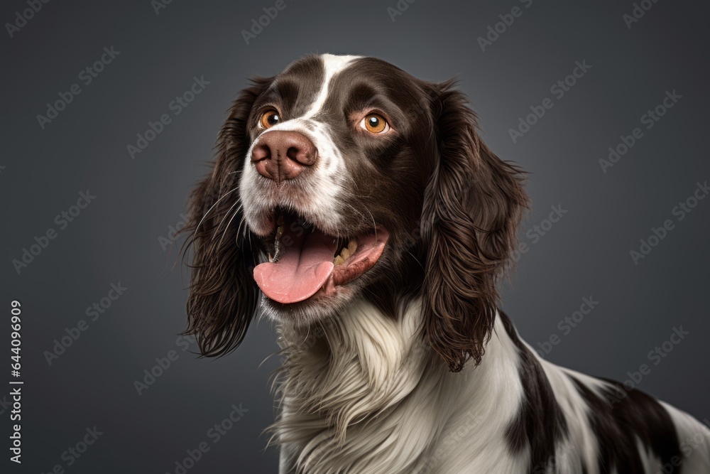 Headshot portrait photography of a happy english springer spaniel wearing a shark fin against a cool gray background. With generative AI technology