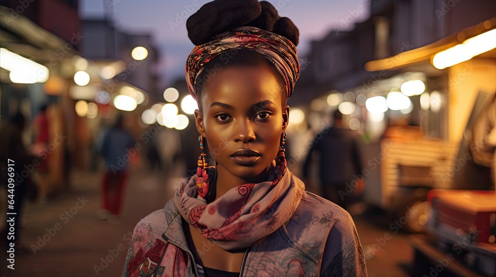 Portrait of a model in a bustling African city street, blending modernity with tradition