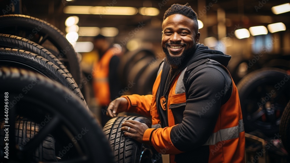 An African American mechanic is balancing a tyre using wheel balancing equipment in an auto repair shop..