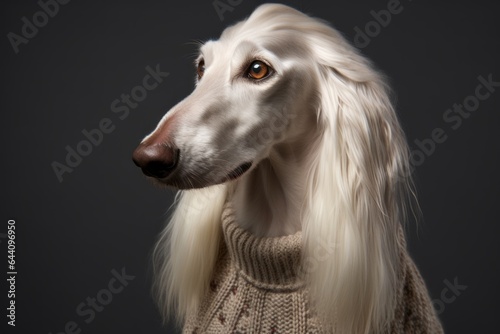 Photography in the style of pensive portraiture of a smiling afghan hound dog wearing a festive sweater against a cool gray background. With generative AI technology