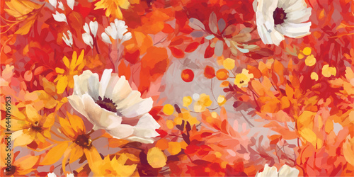 Modern Autumn colorful seamless floral pattern with abstract flowers, leaves and berries. Creative collage contemporary Print in rustic vintage style, textile or wallpapers on Autumn background.