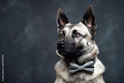 Medium shot portrait photography of a funny norwegian elkhound wearing a cute bow tie against a cool gray background. With generative AI technology