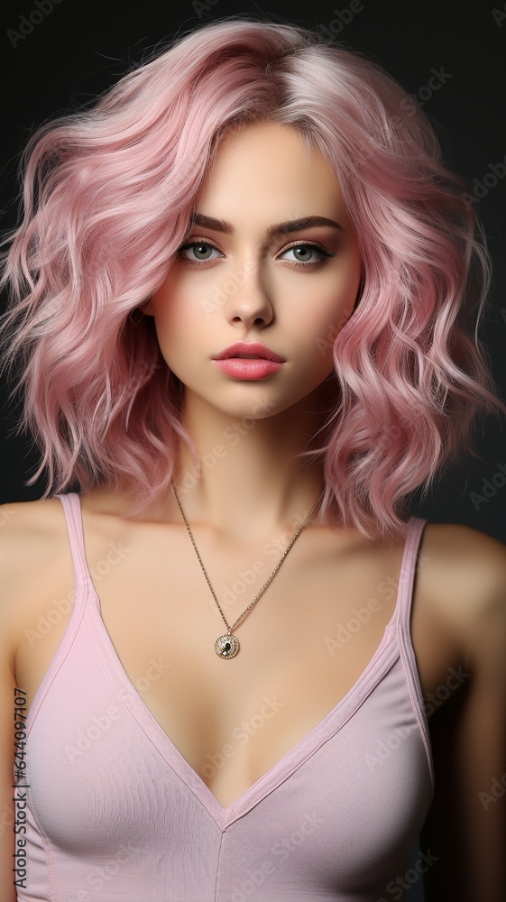 attractive beauty model poses for a photo in a studio with only half of her face visible, pink hair, and cosmetics on.. attractive beauty model poses for a photo in a studio with only half of her face visible, pink hair, and cosmetics on..