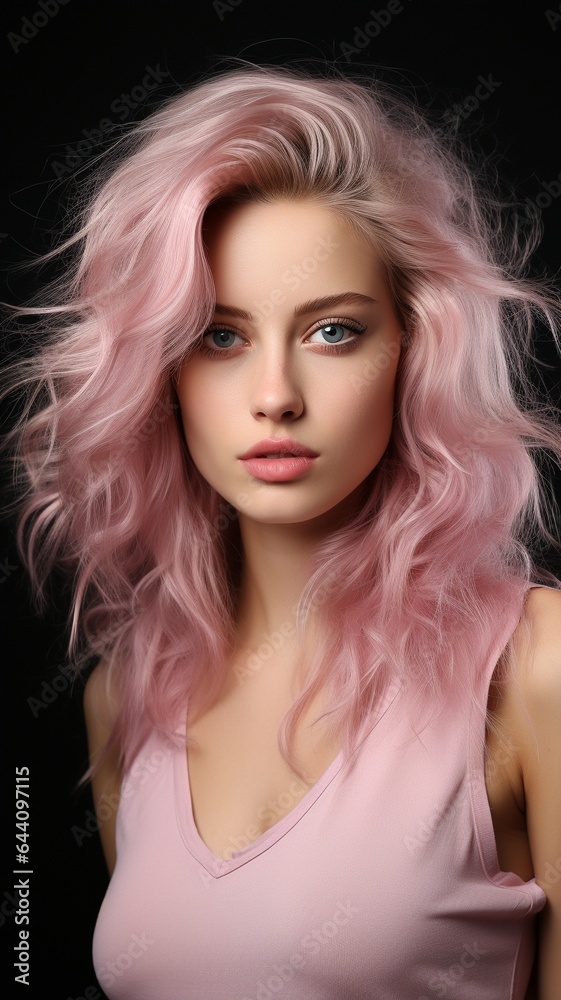 attractive beauty model poses for a photo in a studio with only half of her face visible, pink hair, and cosmetics on.. attractive beauty model poses for a photo in a studio with only half of her face visible, pink hair, and cosmetics on..