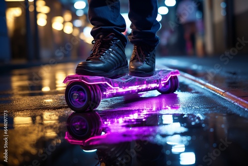 alien commuter riding a hoverboard down a hallway lighted by neon,.