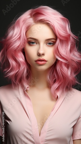 attractive beauty model poses for a photo in a studio with only half of her face visible  pink hair  and cosmetics on..
