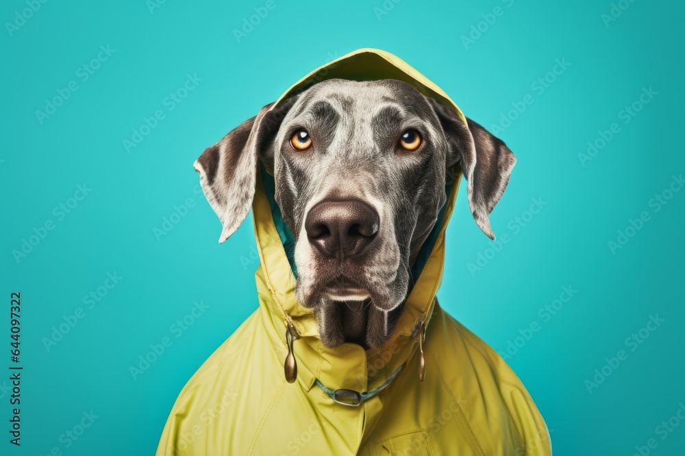 Photography in the style of pensive portraiture of a funny great dane wearing a raincoat against a tropical teal background. With generative AI technology - obrazy, fototapety, plakaty 