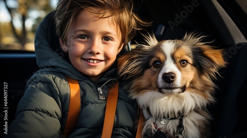 Boy and his dog are enjoying a routine road vacation..