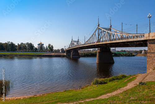 Scenic view of the road bridge, monastery and river in Tver, Russia