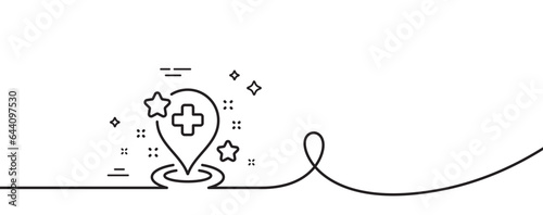 Hospital line icon. Continuous one line with curl. Medical place sign. Location map pin symbol. Hospital single outline ribbon. Loop curve pattern. Vector