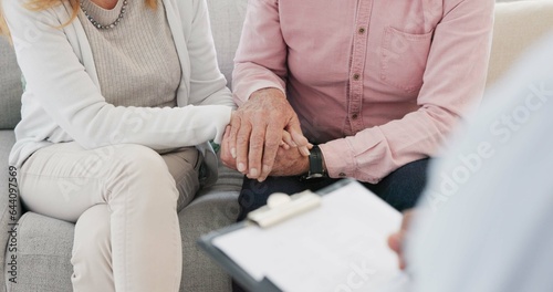 Holding hands, support and senior couple with therapist for counseling, help and support for difficult, crisis or cancer diagnosis. Therapy, depression and old people consulting mental health expert