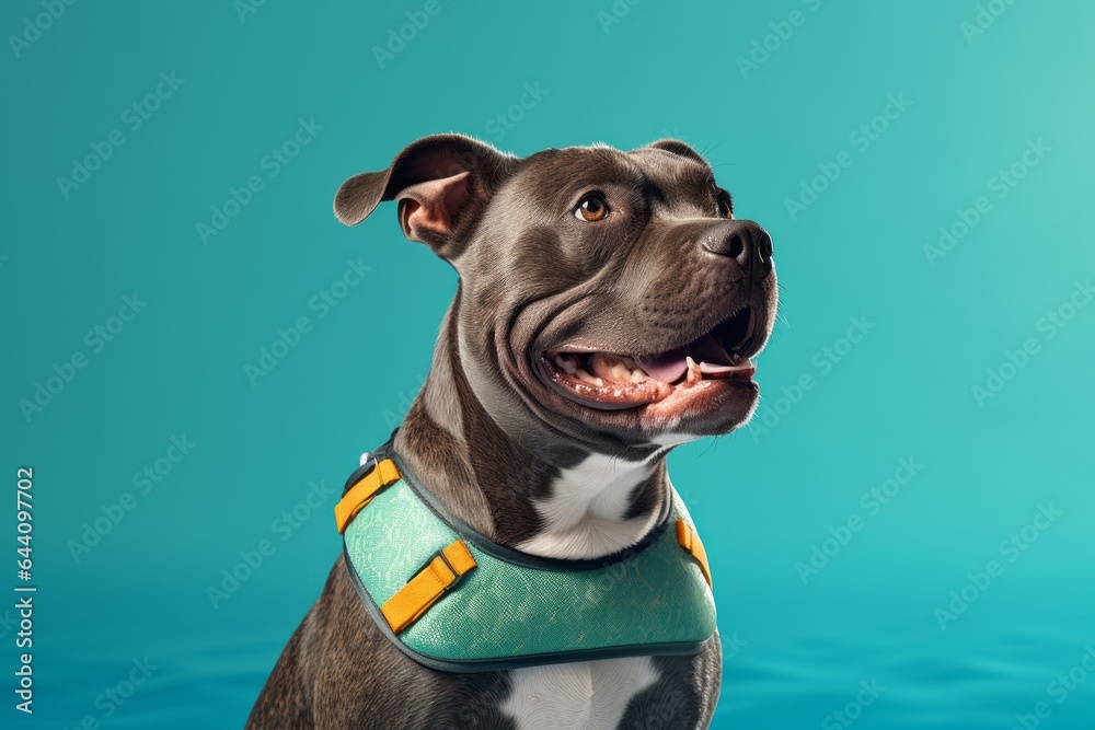 Close-up portrait photography of a funny staffordshire bull terrier wearing a swimming vest against a tropical teal background. With generative AI technology